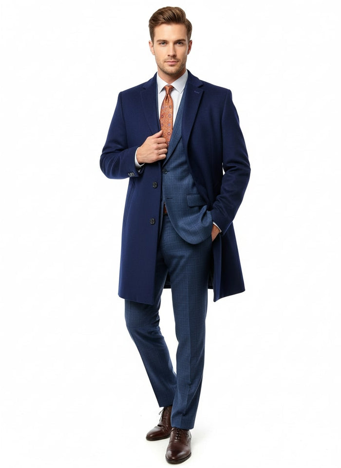 Mens Cobalt Blue Wool and Cashmere Car Coat Overcoat - Classic Winter Topcoat for Indigo Saphire Color (light Navy Dark Royal) by USA Men's Outlet