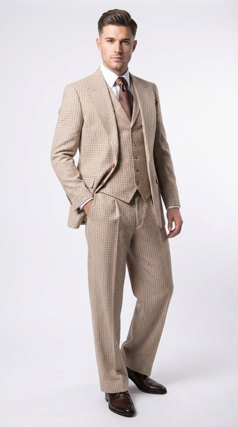 Men’s Beige tan Checkered Three Piece Suit with Classic Fit Wide Leg Pleated Pants by Rossiman khaki color – SuitUSA
