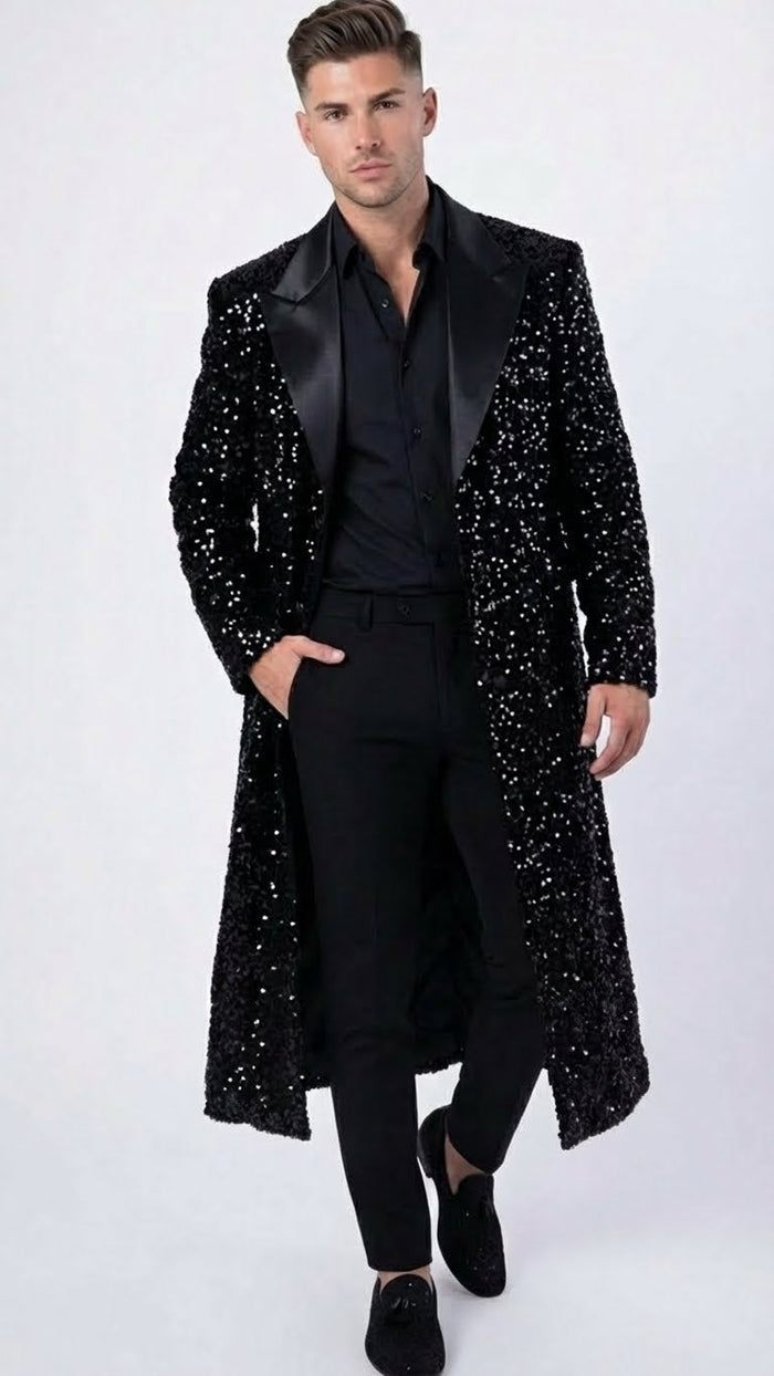 Men’s Black Sequin Long Coat with Satin Shawl Lapel - Luxury Statement Evening Overcoat USA Men's Outlet