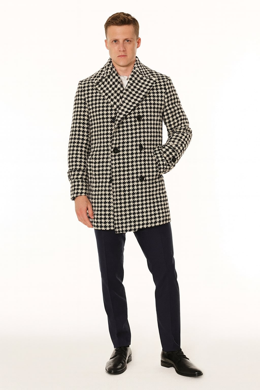 Mens Houndstooth Double-Breasted Overcoats - Classic Black and White Wool Blend Peacoat Wool Fabric by USA Men's Outlet