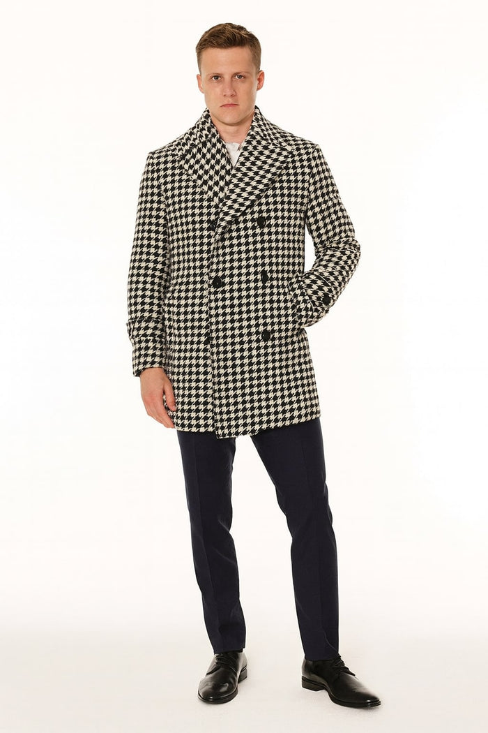 Mens Houndstooth Double-Breasted Overcoats - Classic Black and White Wool Blend Peacoat Wool Fabric by USA Men's Outlet