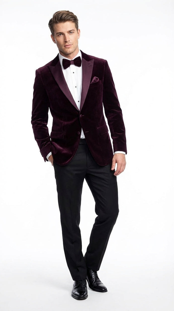 Mens Velvet Blazer Jacket – Luxury Velvet Dinner Jacket for Wedding, Tuxedo Events, Formal Parties in Burgundy Color