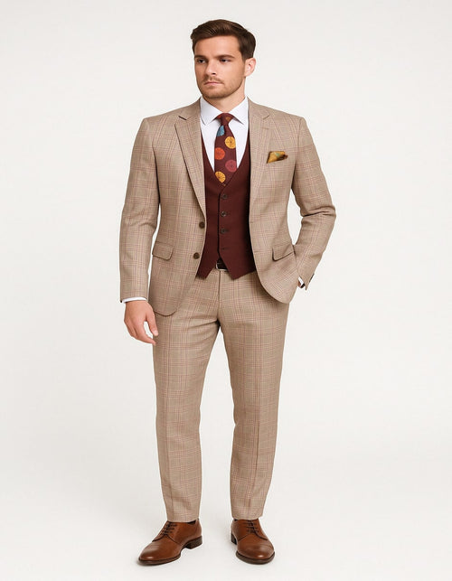 Men's Light Brown Plaid Suit with Burgundy Vest and Colorful Floral Tie – 3 Piece Set - Taupe Windowpane Pattern