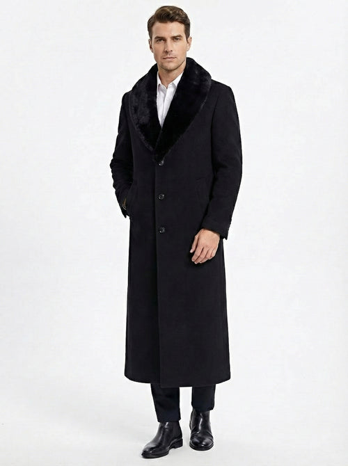 Men’s Black Long Overcoat with Faux Fur Collar, Full Length Winter Topcoat for Formal and Business Wear