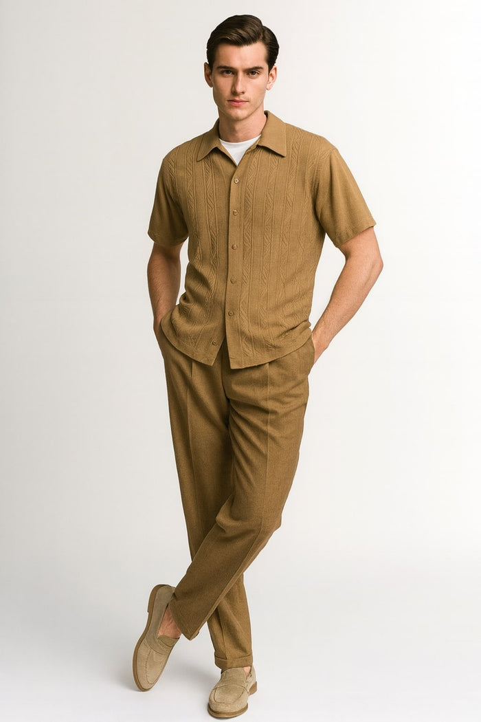 Mens Mocha Brown Short Sleeve Knit Walking Suit - Two-Piece Casual Button Down Set in Taupe Coffee Color USA Men's Outlet