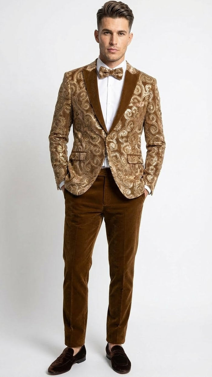 Men’s Goldish Light brown Tuxedo dinner Jacket Embroidered Blazer - Velvet Jacket for Formal Paisley Pattern Coffee Mocca Color by USA Men's Outlet