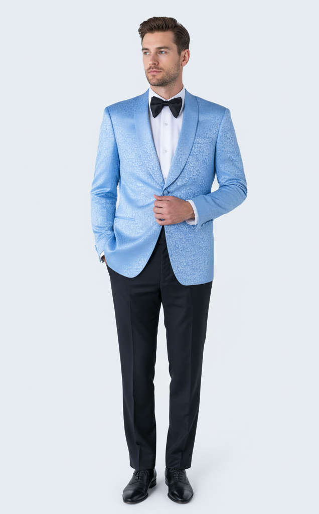 Men’s Light Blue Paisley Tuxedo Jacket - Elegant Satin Shawl Lapel Dinner Blazer for Weddings, Proms in Sky Powder Blue Color Bowtie by USA Men's Outlet