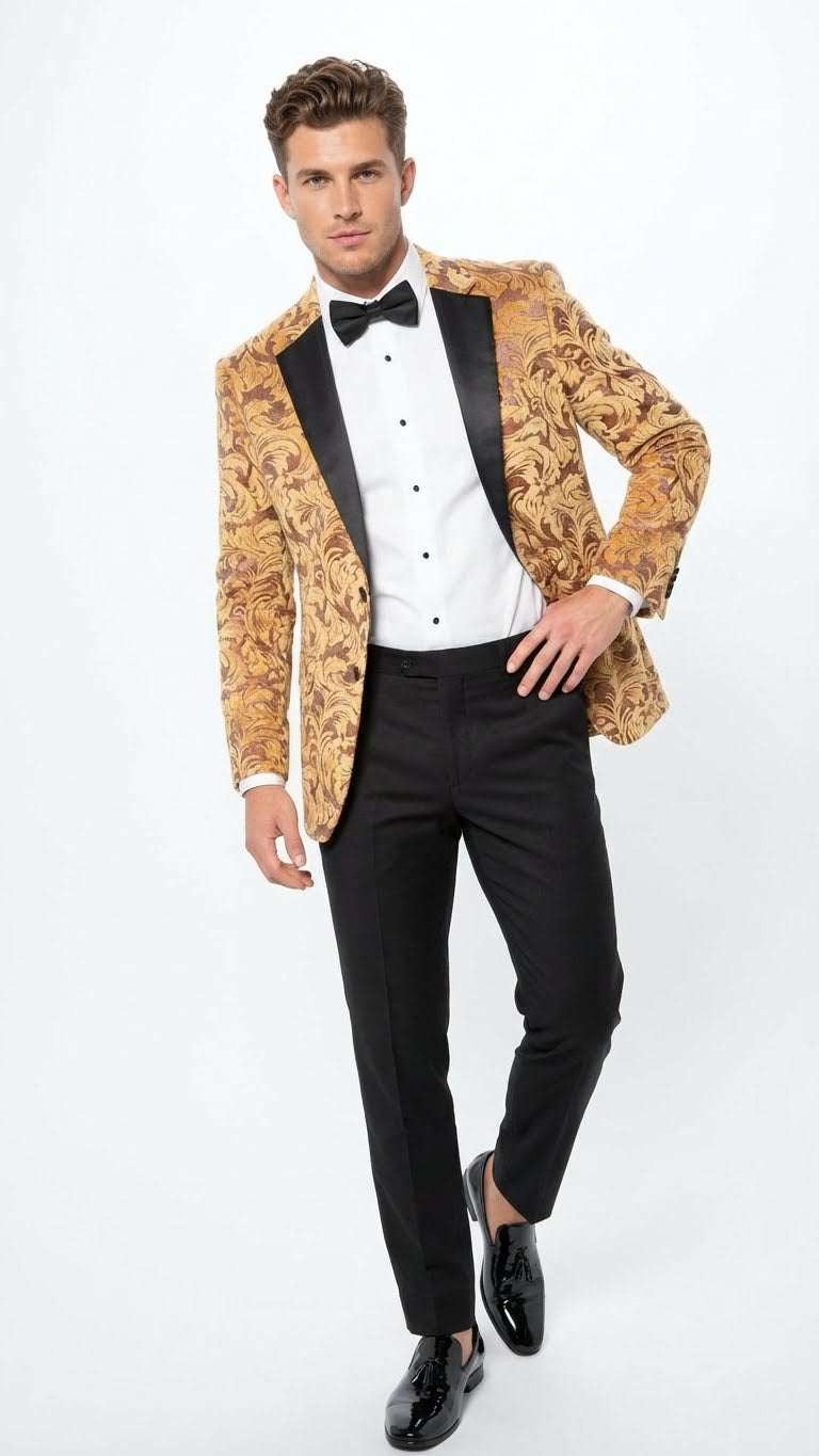 Men’s Yellow Gold Baroque Pattern Tuxedo Blazer Suit – Party and Wedding Jacket Prom Paisley Black Pants – SuitUSA