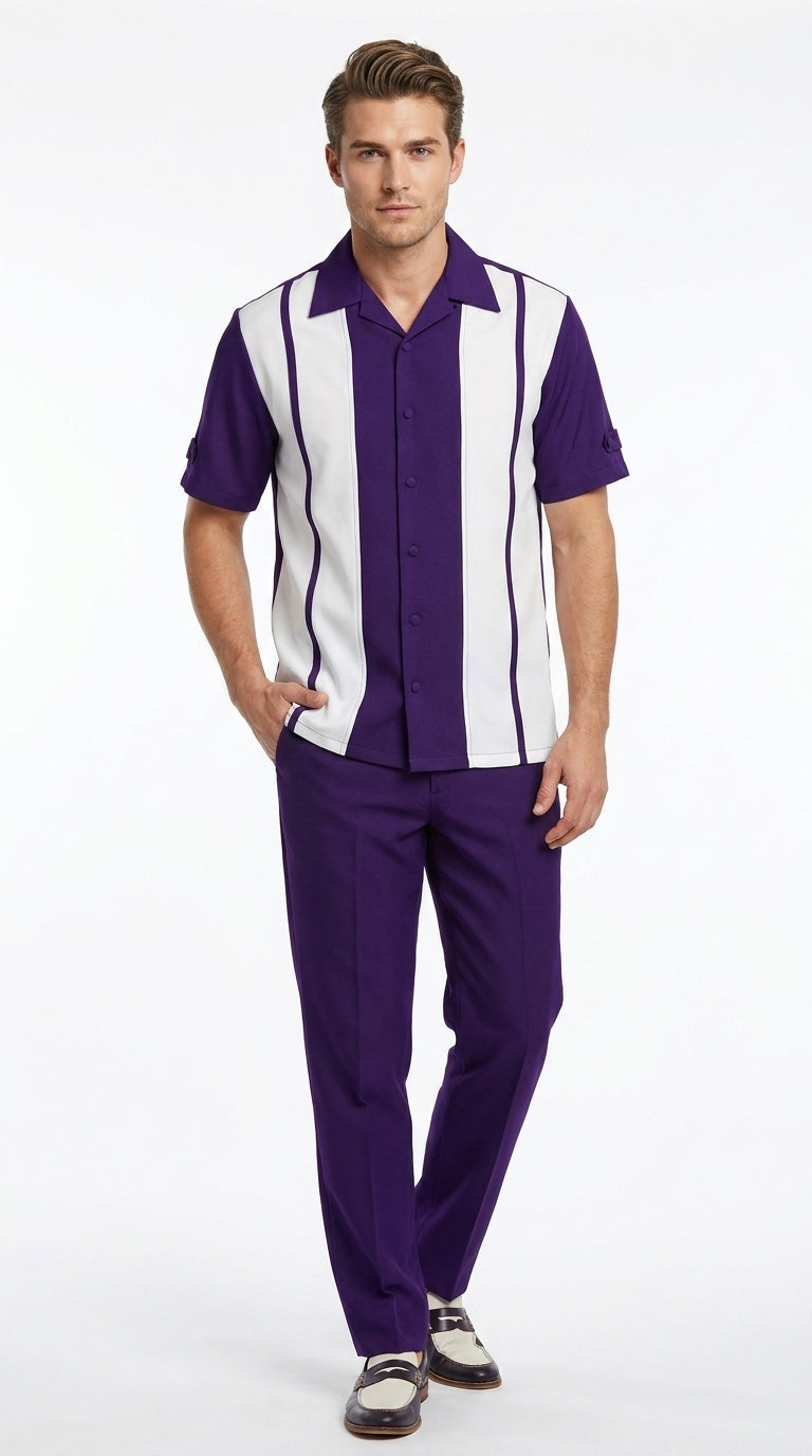Men’s Purple and White Walking Suit – 2-Piece Short Sleeve Casual Leisure Outfit