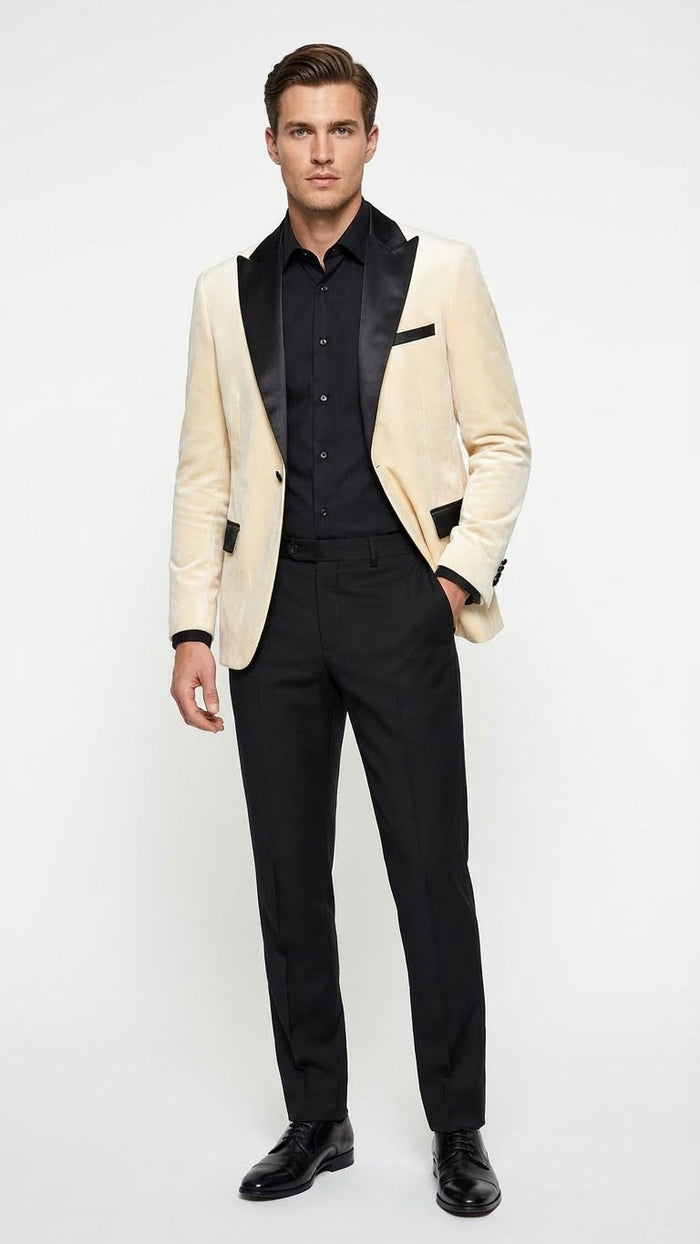 Men’s Ivory Dinner Jacket - Cream Velvet Blazer with Black Satin Lapel - Wedding and Party Formal Sport Coat in off white USA Men's Outlet