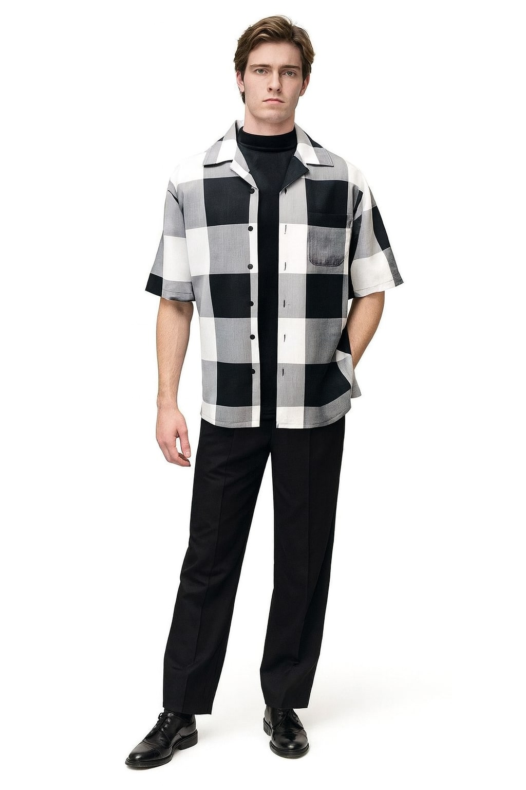 Mens Black and White Checkered Short Sleeve Shirt Set - Casual Two-Piece Summer Outfit by USA Men's Outlet