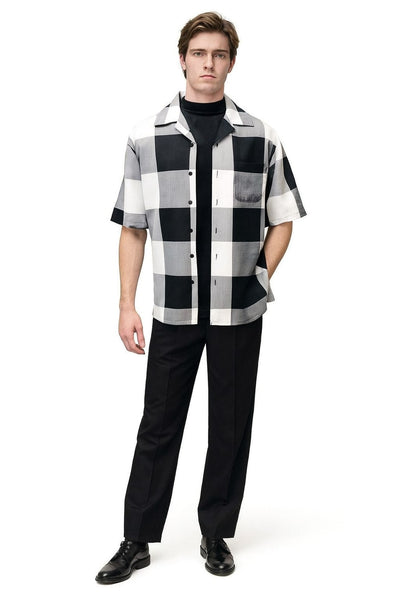 Mens Black and White Checkered Short Sleeve Shirt Set - Casual Two-Piece Summer Outfit by USA Men's Outlet
