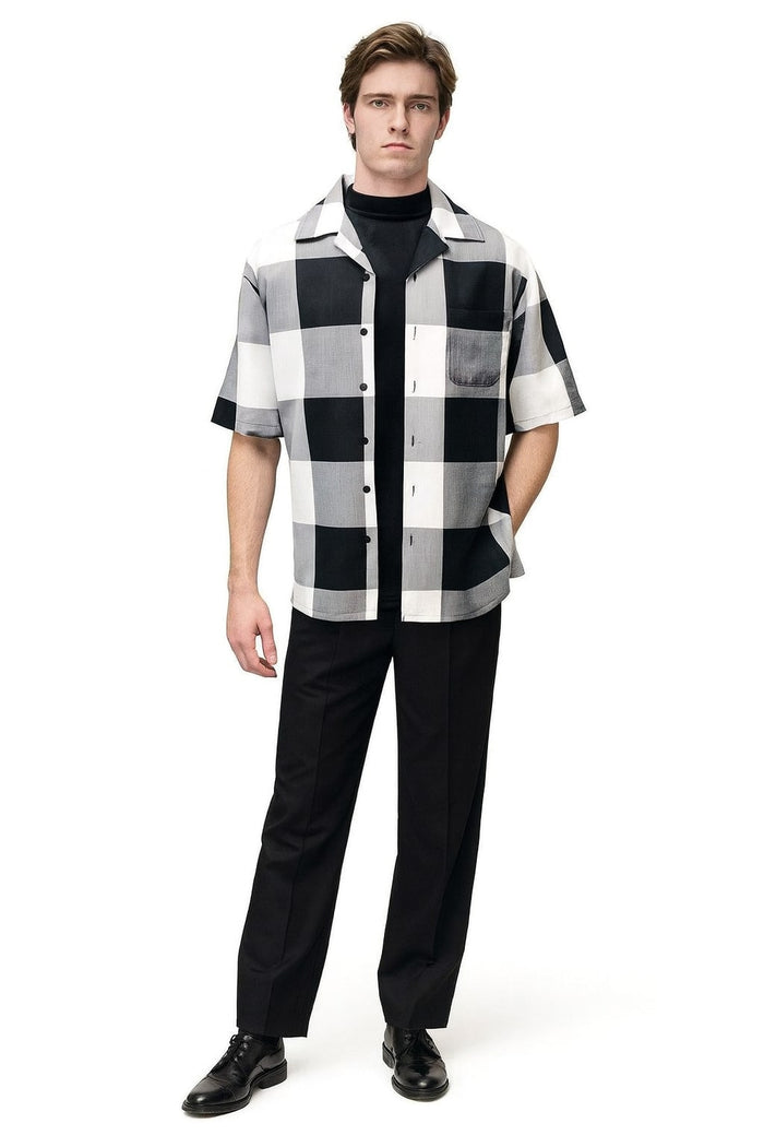 Mens Black and White Checkered Short Sleeve Shirt Set - Casual Two-Piece Summer Outfit by USA Men's Outlet