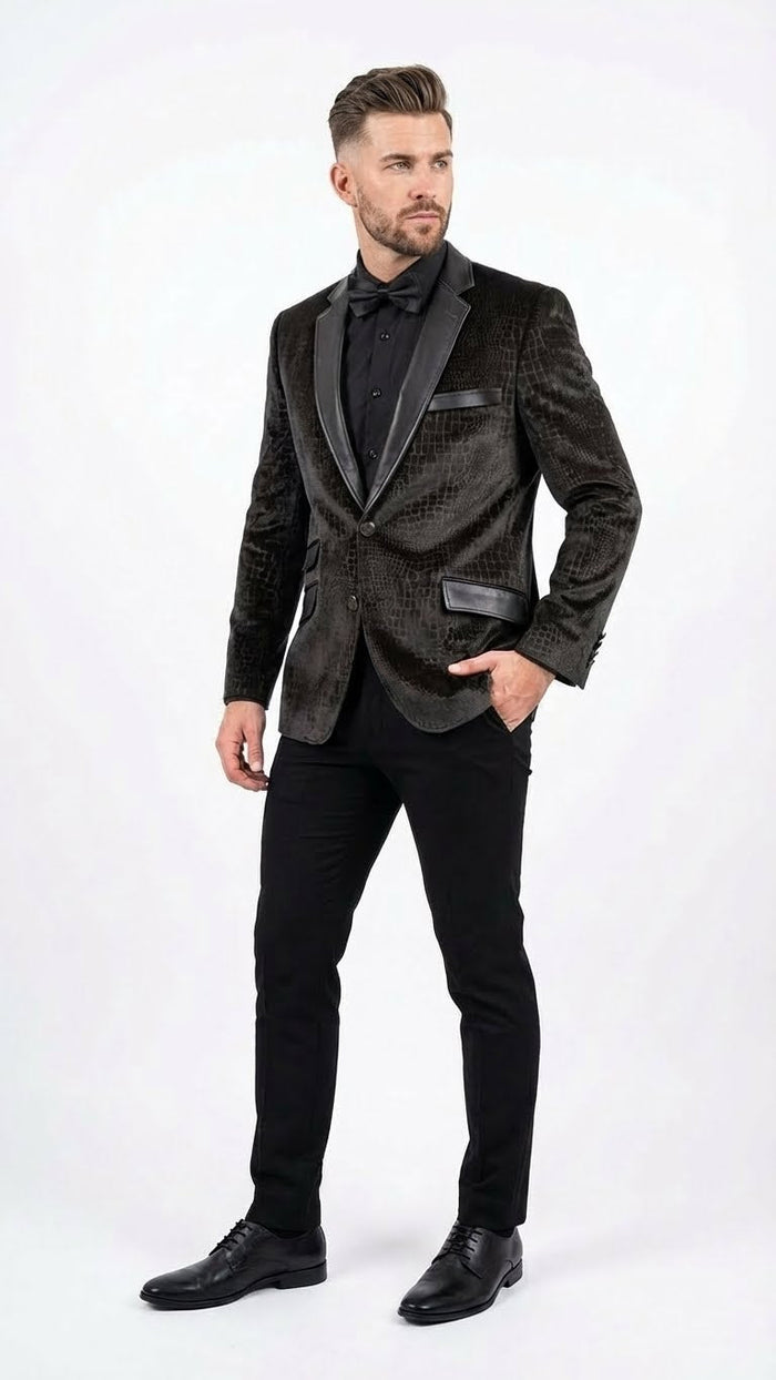 Men’s Crocodile Alligator Exotic skin Texture Blazer - Slim Fit Designer Jacket with Satin Lapels for Formal and Party Wear in Black Color USA Men's Outlet