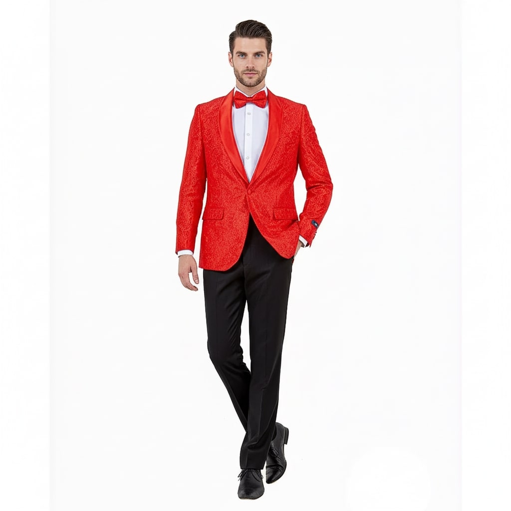 Big and Tall Mens Red Paisley Tuxedo Jacket – Satin Shawl Lapel Blazer with Bow Tie - Christmas Jacket