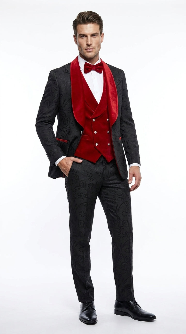 Men’s Black Paisley Tuxedo with Red Velvet Shawl Lapel – 3 Piece Wedding Prom Suit With Matching Bowtie – SuitUSA