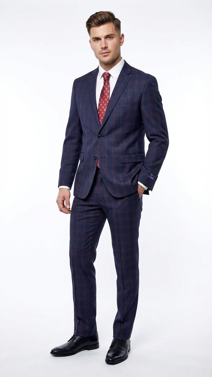 Men’s Navy Blue and Burgundy Checkered Two-Piece Suit Plaid Windowpane - Flat Front Pants or Pleated Wide Leg Pants - 100% Wool USA Men's Outlet