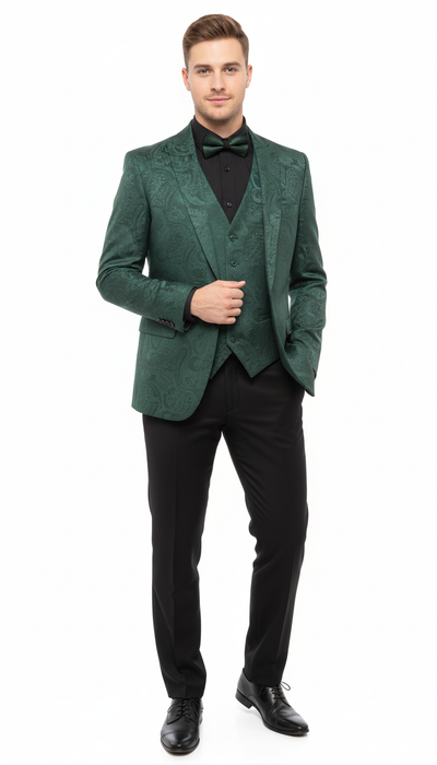 Men’s Emerald Green Paisley Tuxedo 3-Piece Suit – Slim Fit Formal Blazer, Vest, and Pants for Weddings, Proms