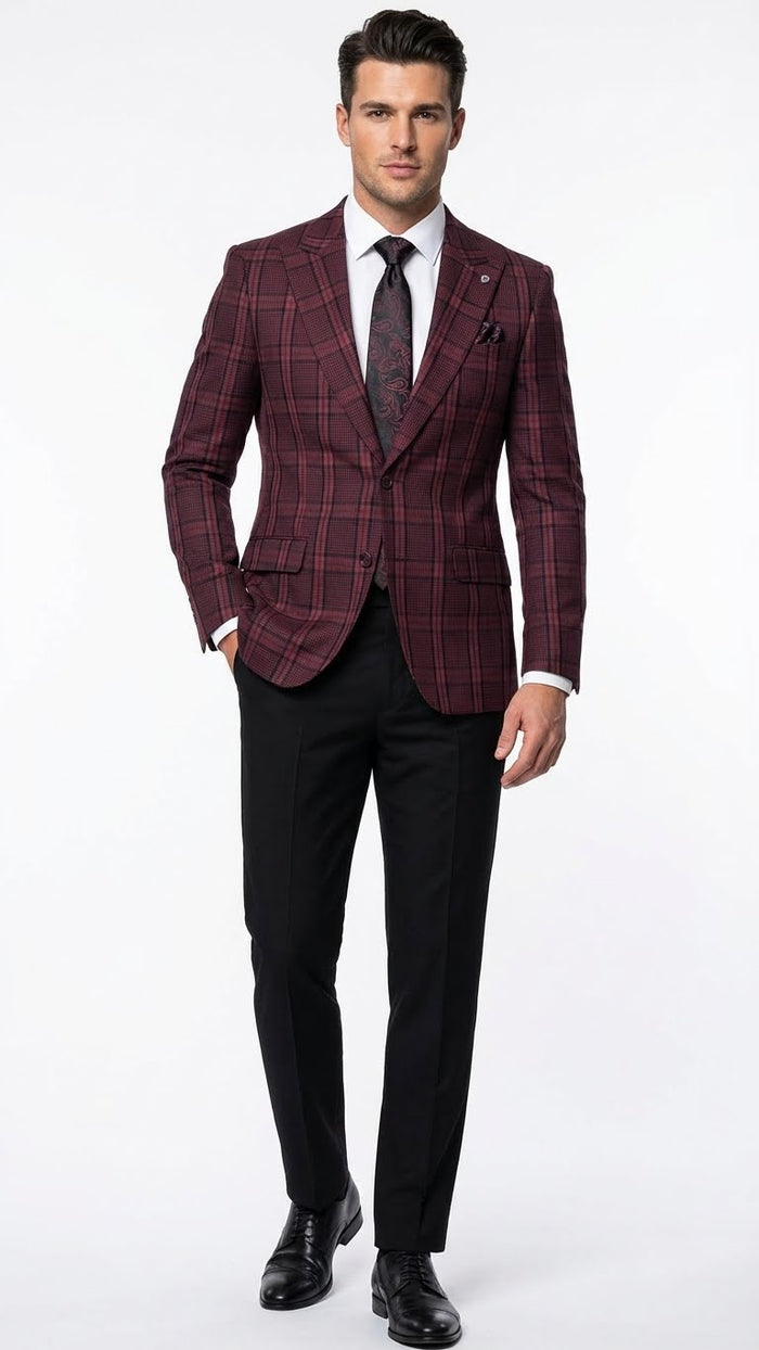 Men’s Burgundy Check Blazer - Windowpane Plaid blazer in Maroon Wine Color USA Men's Outlet