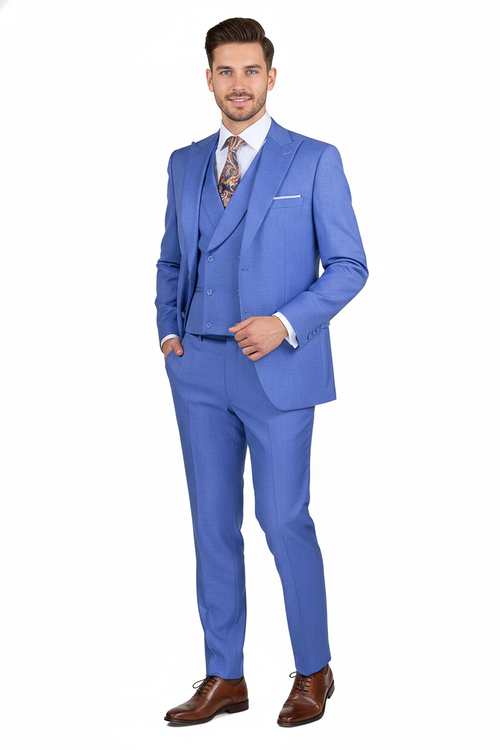 Men’s Light Blue Double-Breasted 3-Piece Suit Set – Tailored Fit Formal Business Suit in Steel Blue Sky Blue Color
