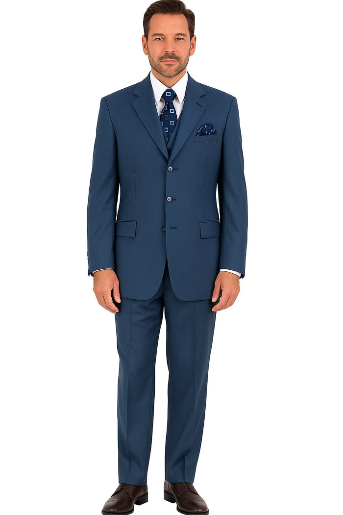 Mens Steel Blue 3-Button Classic Suit - Formal Business Attire with Vest, Tie and Pocket Square by USA Men's Outlet