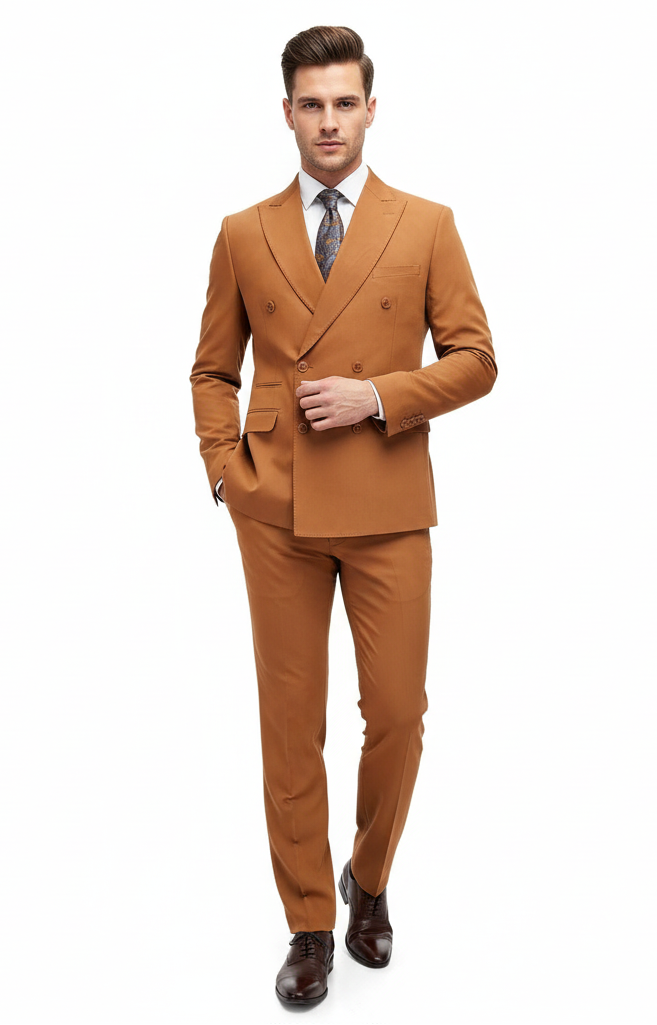 Men’s Vitali Brand Rustish Orange Brown Copper Color Double Breasted Slim Fit Suit USA Men's Outlet