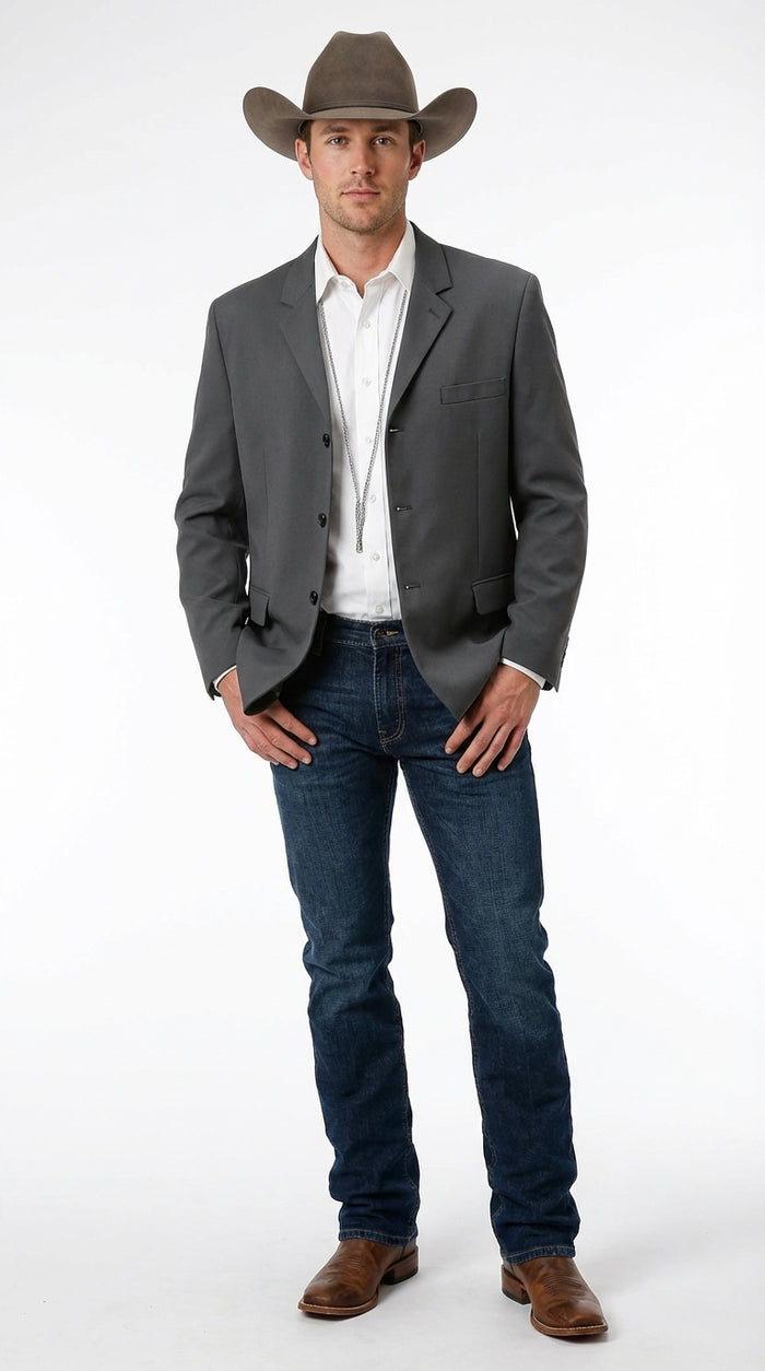 Mens Charcoal Grey Three Buttons Western Blazer – Classic Fit Cowboy Style Three Button Formal Dress Jacket