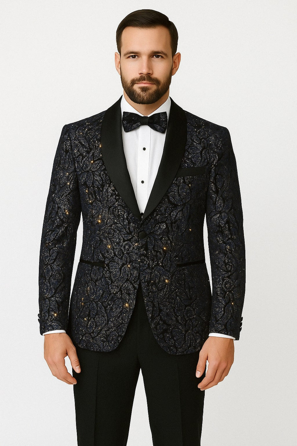 Mens Navy Black Glitter Floral Tuxedo Dinner Jacket with Satin Lapel- Blue Blazer Sequin Fabric – SuitUSA