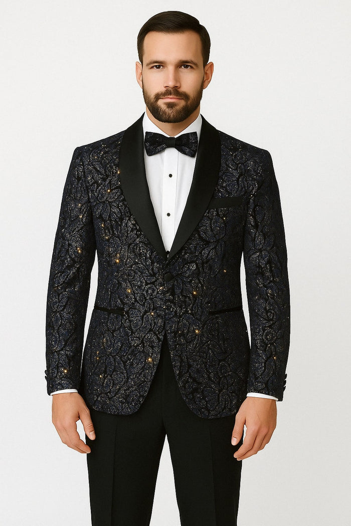 Mens Navy Black Glitter Floral Tuxedo Dinner Jacket with Satin Lapel- Blue Blazer Sequin Fabric by USA Men's Outlet