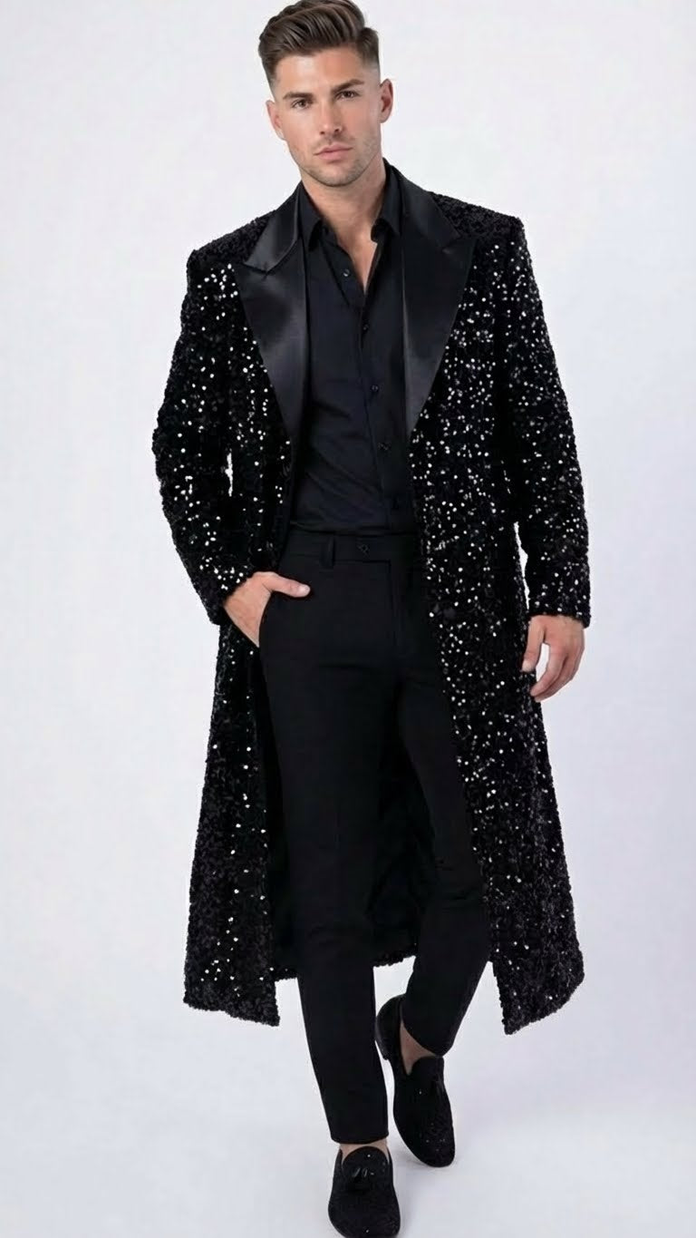 Men’s Black Sequin Long Coat with Satin Shawl Lapel – Luxury Statement Evening Overcoat