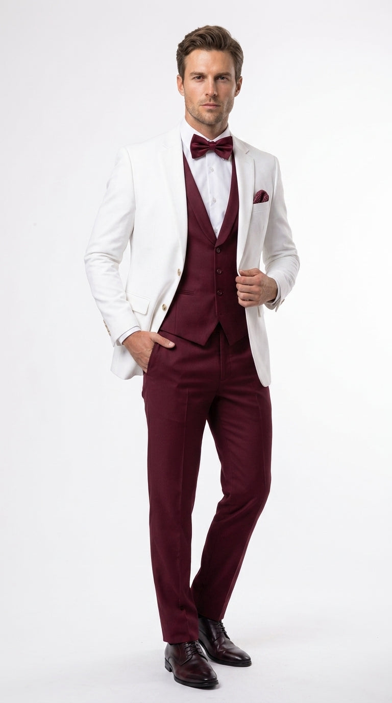 Men’s White and Burgundy 3 Piece Tuxedo Suit, Vested Formal Wedding Prom Dinner Suit Set bowtie included – SuitUSA