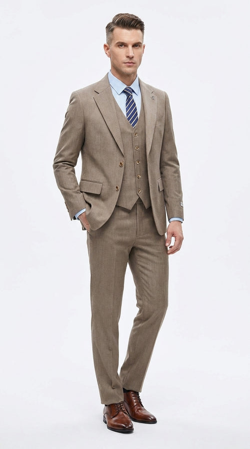 Men’s Taupe Olivish Tan 3-Piece Suit – Elegant Tan Wedding, Business & Formal Suit with Vest