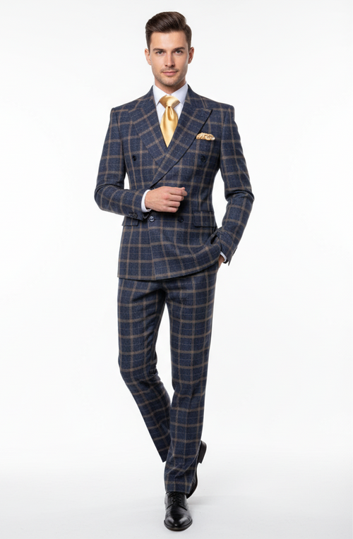 Men’s Navy and Tan Windowpane Double-Breasted Suit - Classic 2-Piece Plaid Dress Suit, Business, and Formal Events By Rossiman USA Men's Outlet