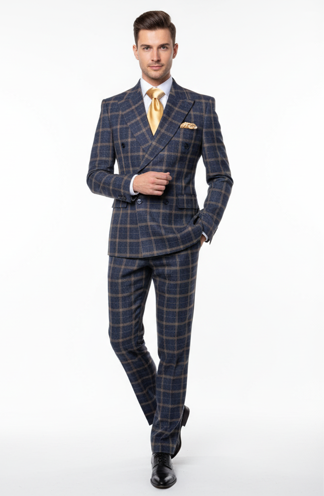 Men’s Navy and Tan Windowpane Double-Breasted Suit - Classic 2-Piece Plaid Dress Suit, Business, and Formal Events By Rossiman USA Men's Outlet