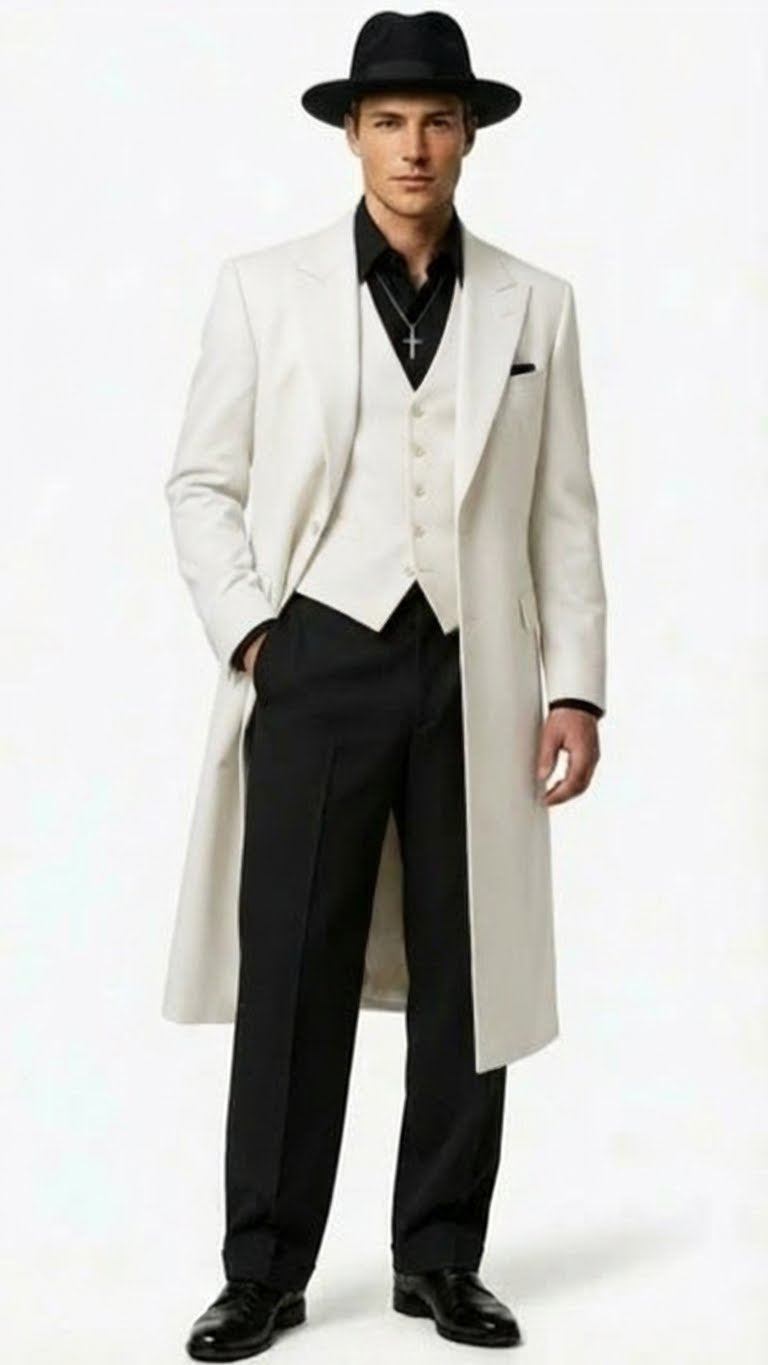 Mens White Long Zoot Suit Costume Set with Black Pants – Wedding, Prom and Party Outfit 1920s - 1930s Gangster Style
