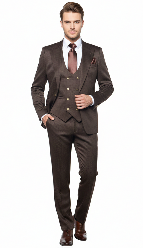 Men’s Chocolate Brown Textured 3-Piece Suit - Luxury Double-Breasted Vest Formal Set by USA Men's Outlet