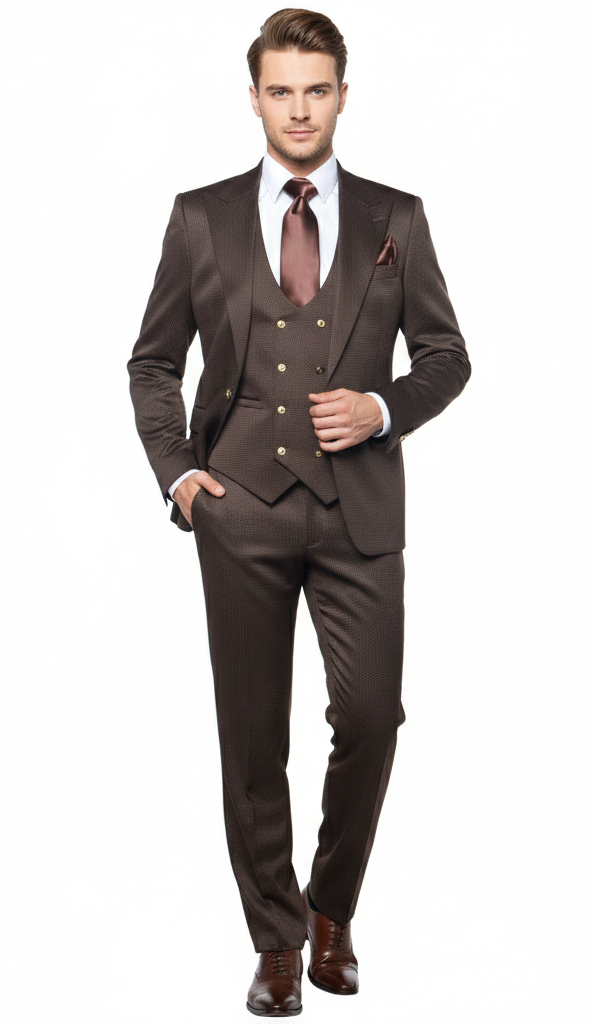 Men’s Chocolate Brown Textured 3-Piece Suit - Luxury Double-Breasted Vest Formal Set by USA Men's Outlet