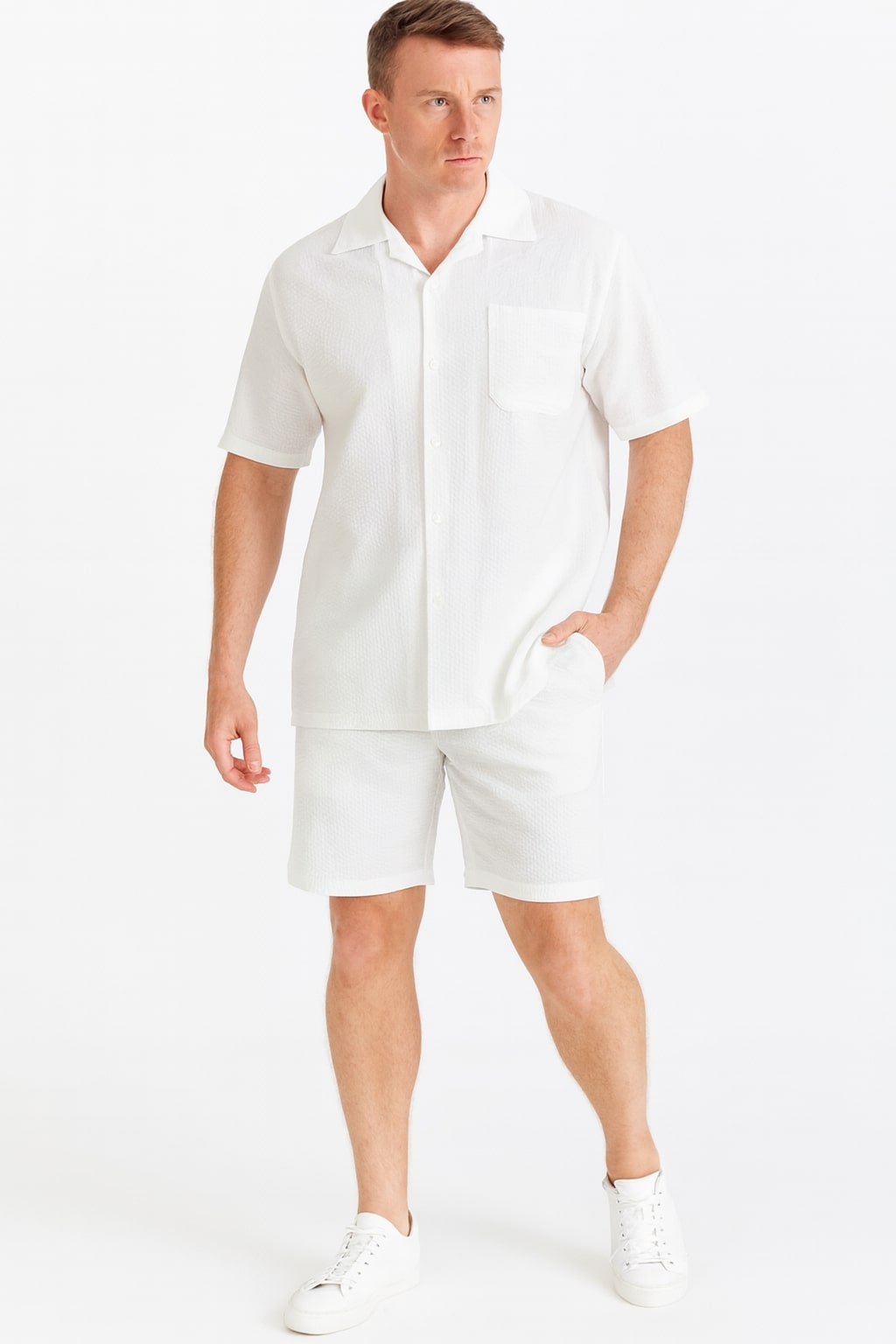 Mens White Seersucker Short Set – Lightweight Summer Outfit with Shirt and Shorts – SuitUSA