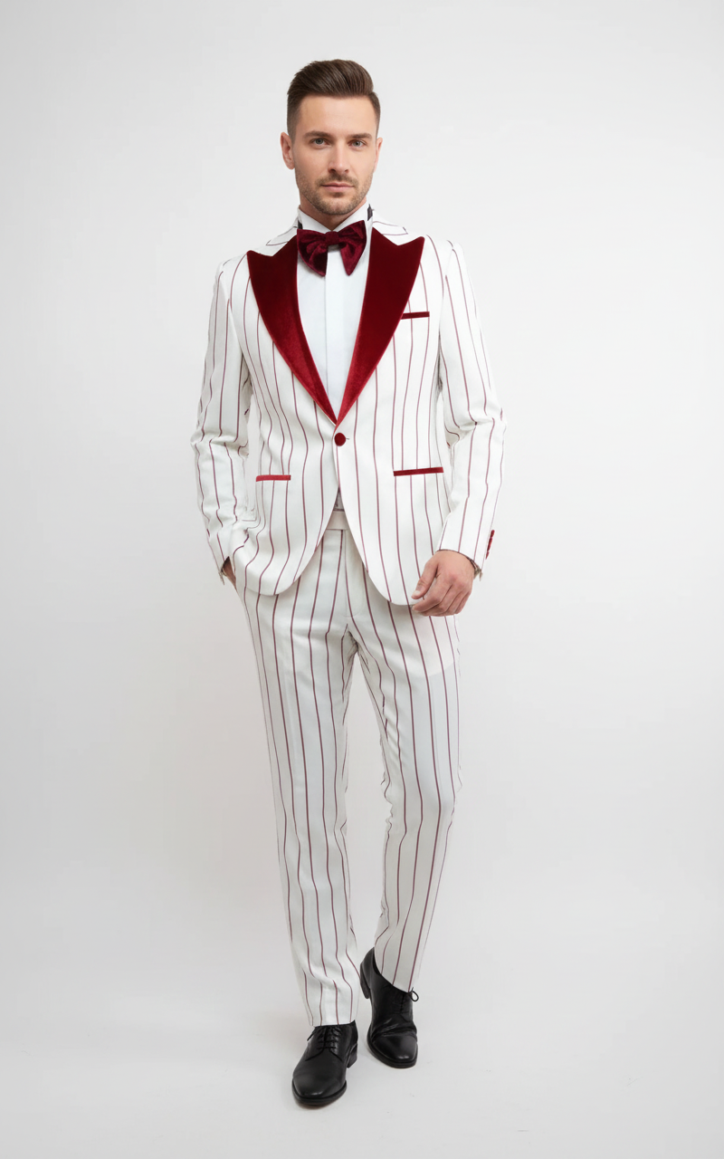 Men’s White and Dark Red Pinstripe Tuxedo with Velvet Shawl Lapel – Formal Dinner Blazer Prom Christmas New Year Holiday Suit