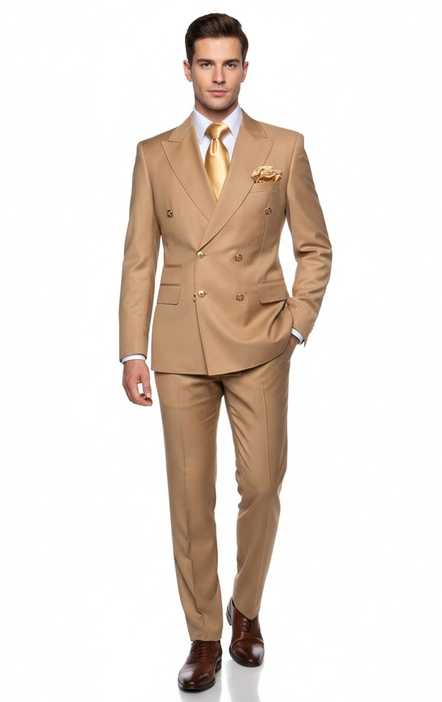 Mens Camel - Bronze - Goldish khaki Double-Breasted Suit - Luxury 2-Piece Formal Set with Gold Buttons and Peak Lapels by Rossi Man USA Men's Outlet
