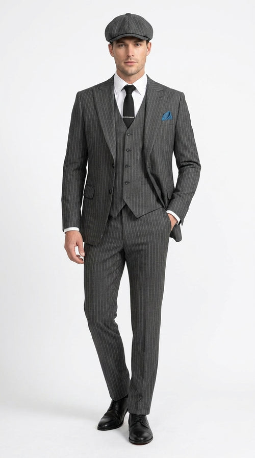 Men’s Thomas Shelby Peaky Blinders Gray Wool Suit Out fit Charcoal Grey Pinstripe 3-Piece  Vintage 1920s Suit