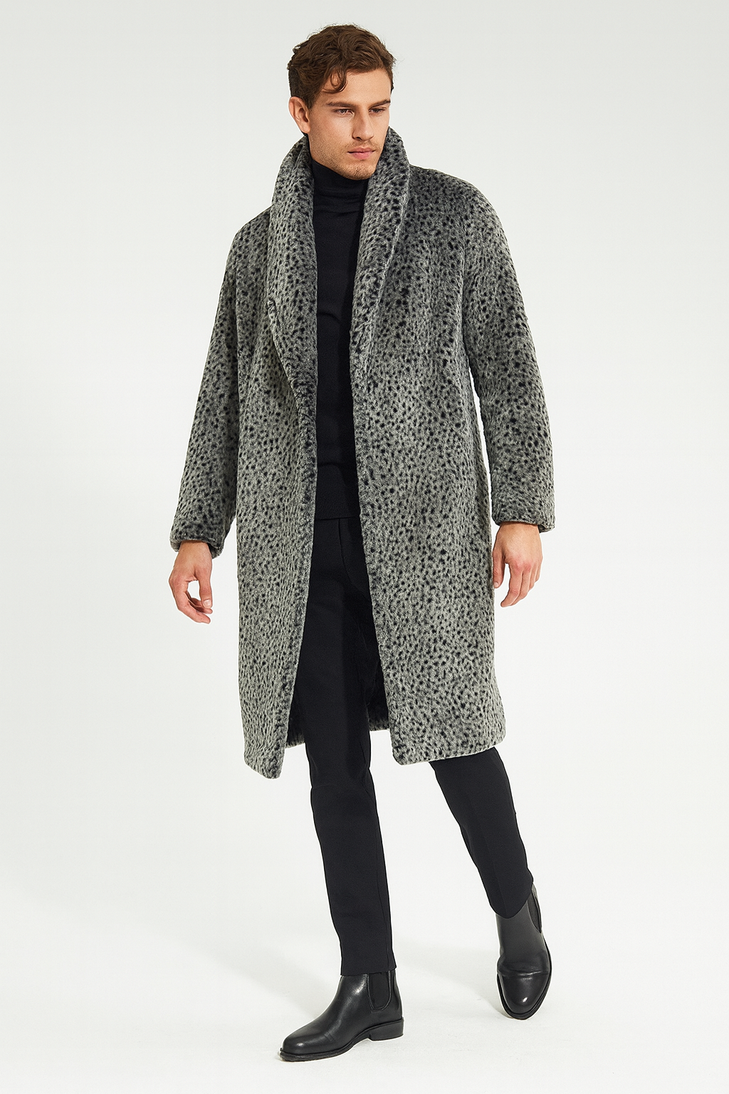 Men’s Luxury Long Grey Faux Fur Coat - Winter Overcoat with Animal Print Design by USA Men's Outlet