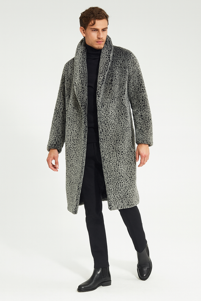 Men’s Luxury Long Grey Faux Fur Coat - Winter Overcoat with Animal Print Design by USA Men's Outlet