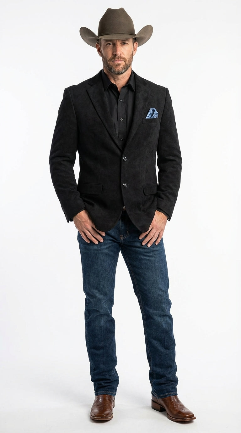 Men’s Black Suede Cowboy Blazer with Elbow Patch Sleeves – Black Western Style Suede Sport Coat for Casual and Smart Casual Wear – SuitUSA