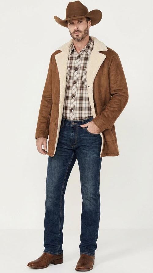 Saco Vaquero Men’s Brown Western Faux Suede Blazer Coat – Cowboy Style Long Jacket for Wedding, Party and Special Events