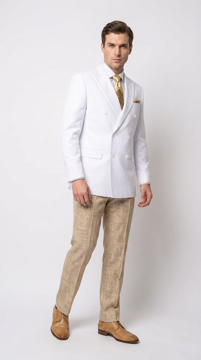 Men’s White Double Breasted Blazer, Formal Dress Jacket for Weddings, Prom, Parties, Dinner Events, and Special Occasions