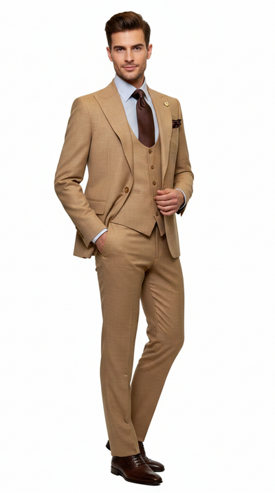 Men's Tan Three-Piece Suit with Vest - Classic Tailored Fit in camel khaki Bronze color By Rossiman USA Men's Outlet