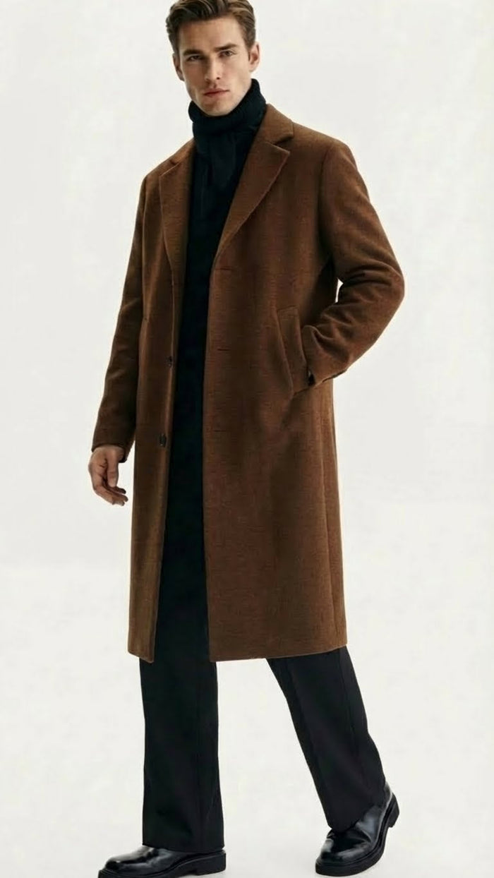 Men’s Brown Long Wool Overcoat - Topcoat Wool Carcoat Three Quarter by USA Men's Outlet