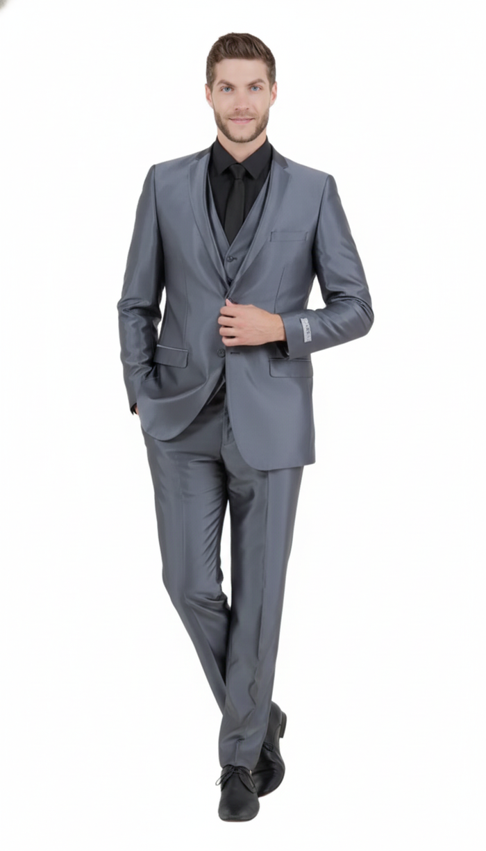 Men’s Dark Grey Shiny Two-Piece Suit - Slim Fitted Formal Jacket and Tailored Pants - Sateen Metalic in Charcoal Gray Color - USA Men's Outlet