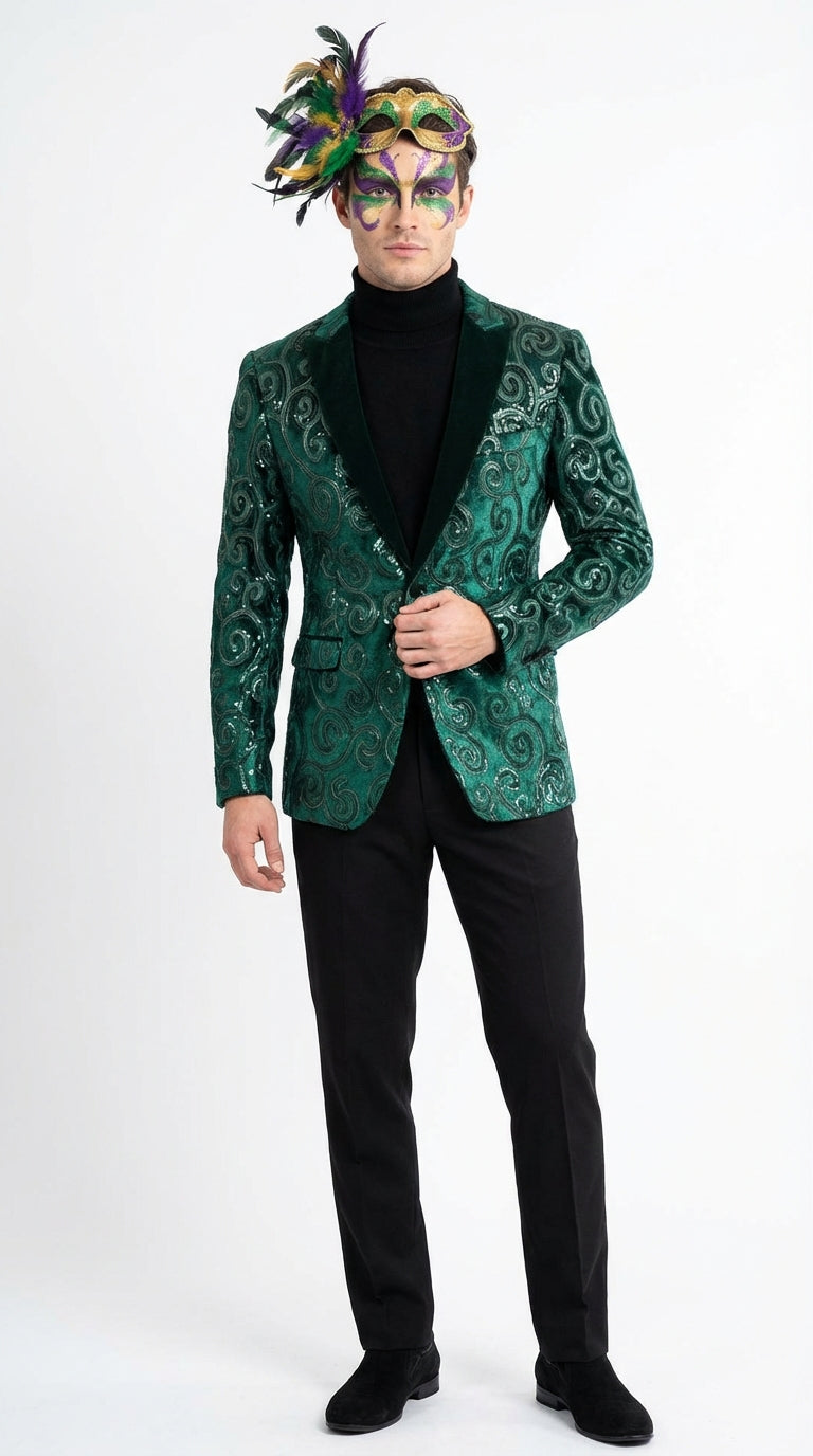 Mens Emerald Green Mardi Gras Blazer with Black Satin Lapel – Paisley Swirl Pattern Formal Party Jacket – SuitUSA